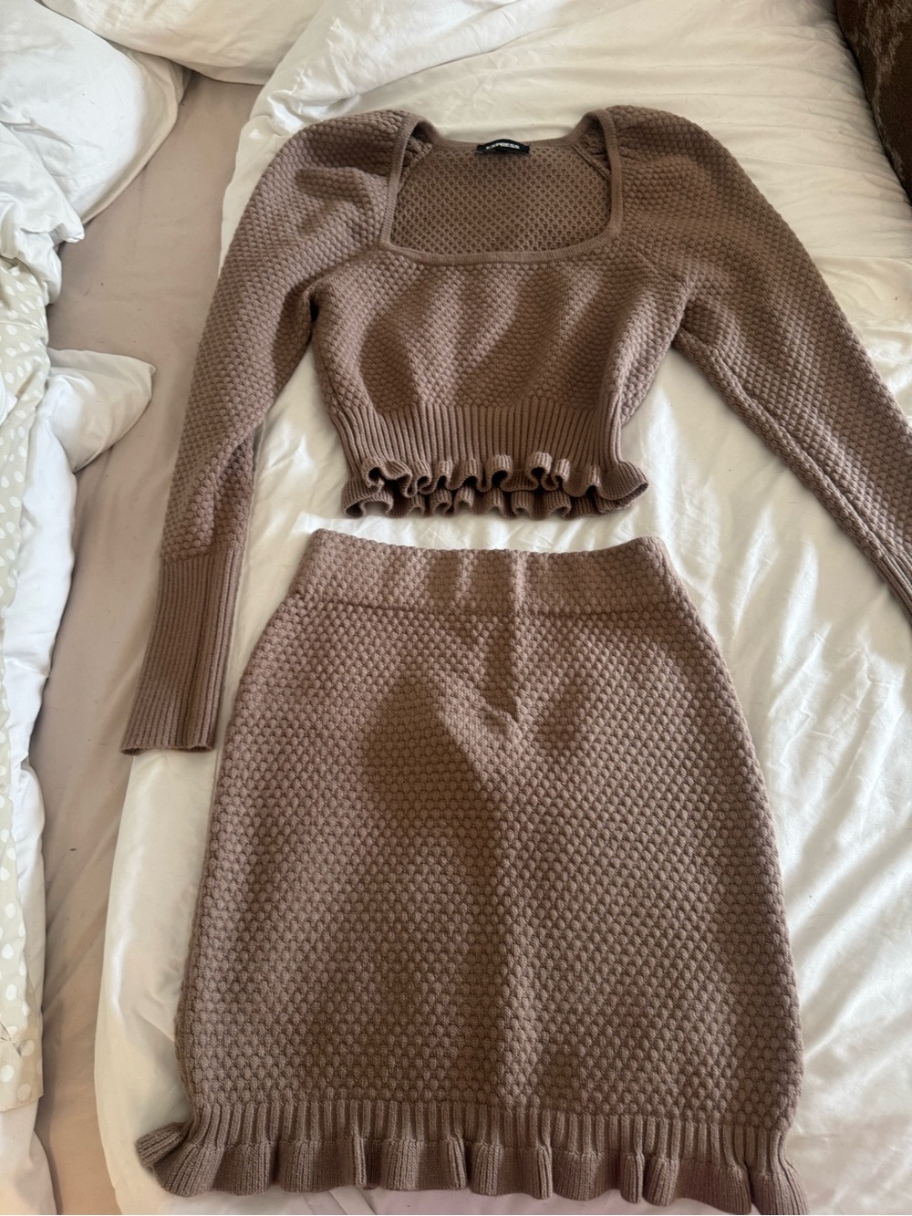 Express Taupe Knit Ruffle-Hem Skirt Set